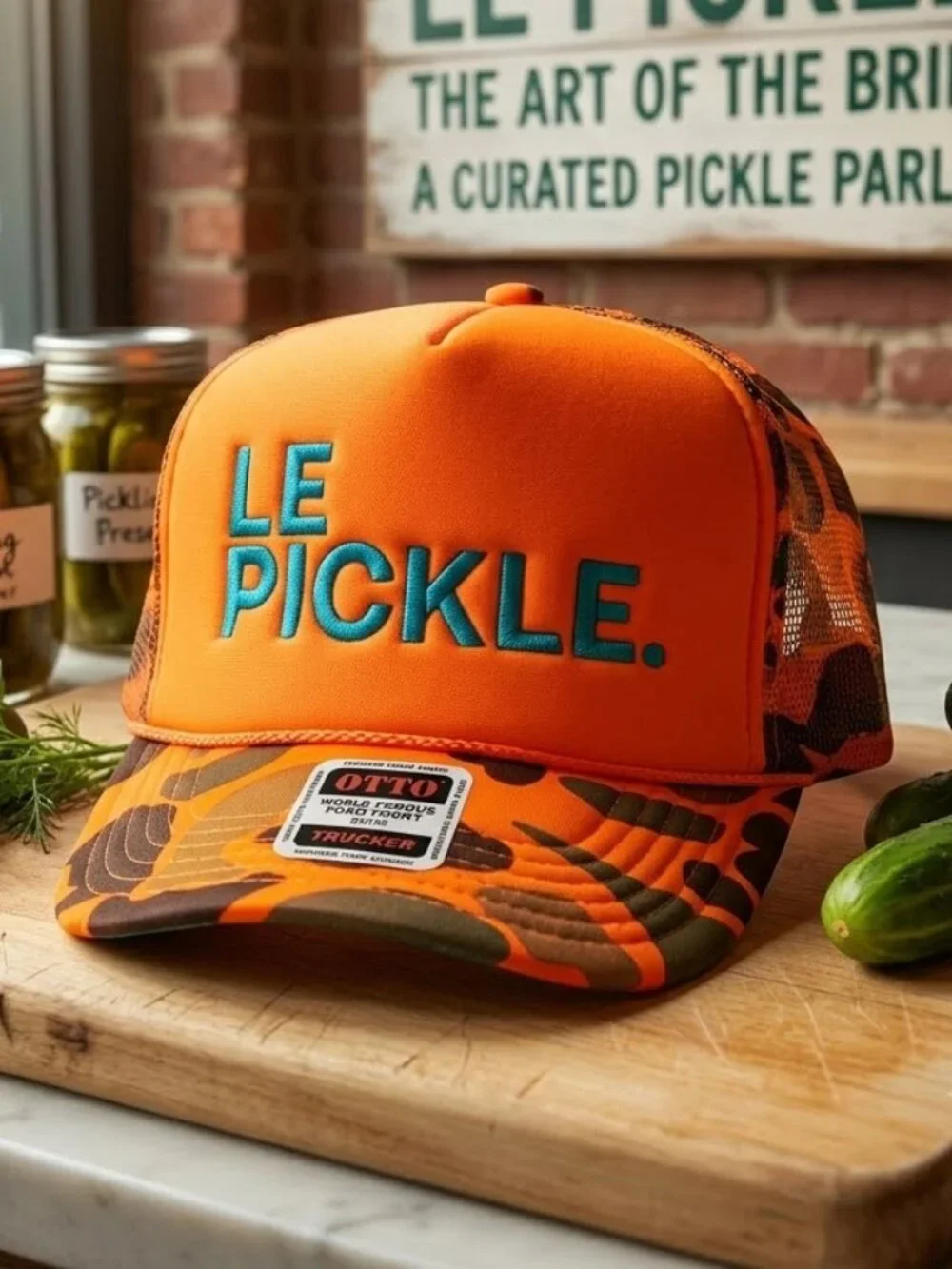 Retro Le Pickle Embroidered Foam Trucker Hat Orange Camo Rope Snapback Cap Funny